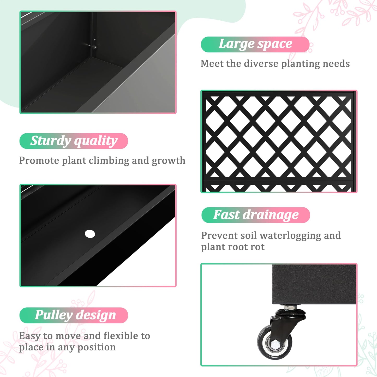Metal Raised Garden Bed with Trellis for Climbing Plants, Vegetable, Vines,Metal Planter Box with Trellis 73"x35"x16",Trellis with Planter Box & Privacy Screen,Raised Garden Bed On Wheels(Black)