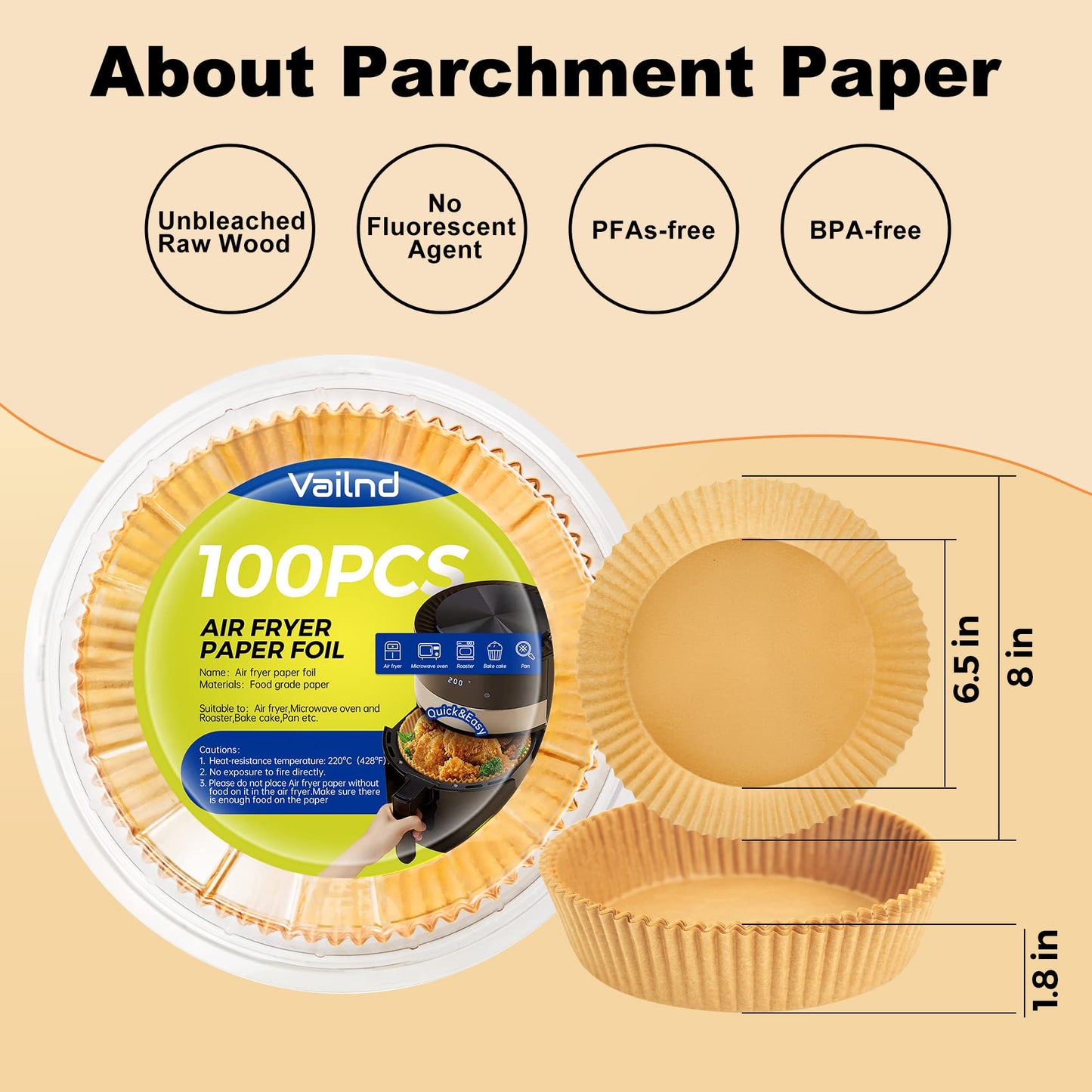 Air Fryer Paper Liners, 125Pcs Parchment Paper, Air Fryer Liners Disposable for Microwave, Non-Stick Air Fryer Liner Square Free of Bleach (8IN)