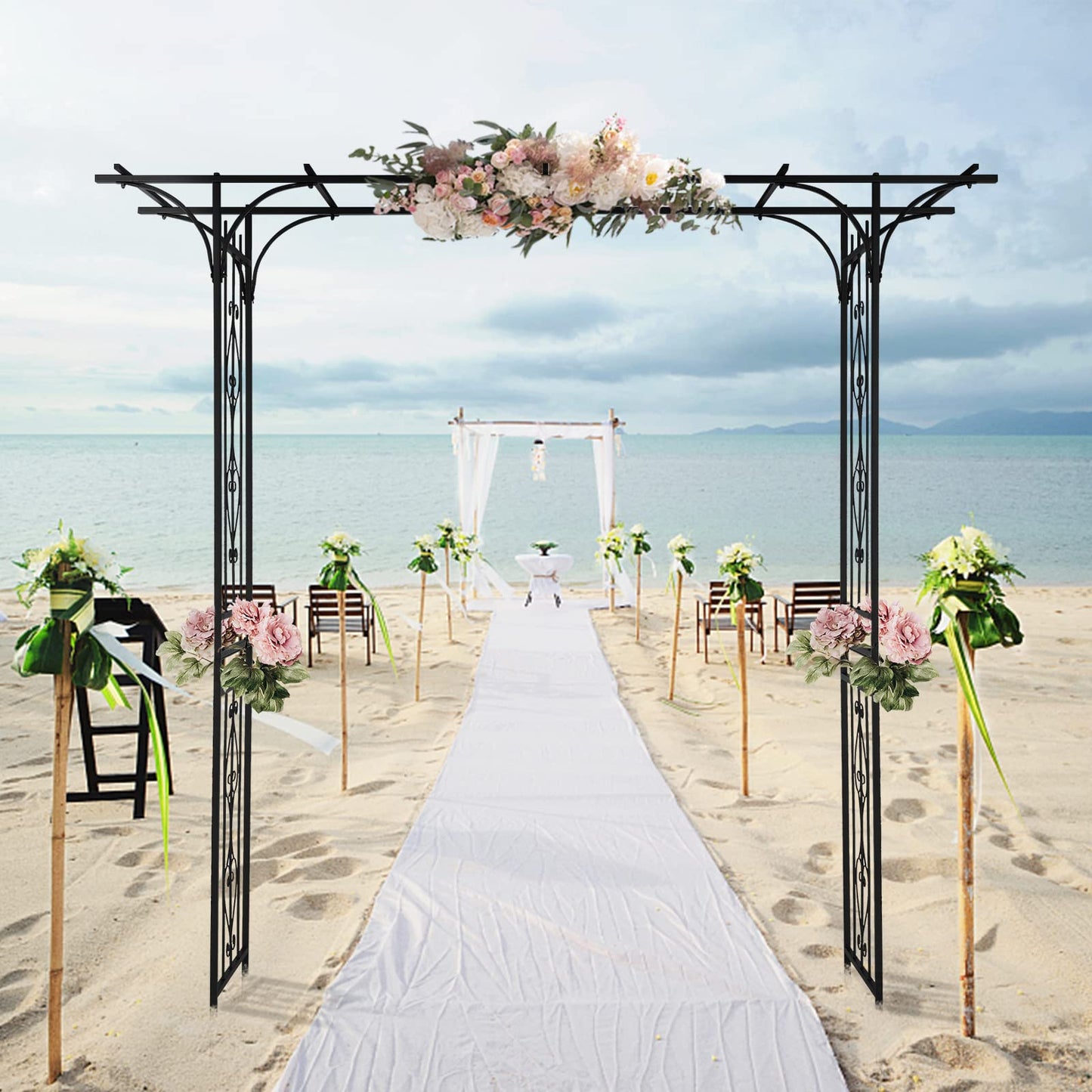 85" Metal Garden Arch Trellis for Climbing Plants, Large Flat Top Iron Arbor for Wedding Events & Backyard, Rustproof Outdoor Flower Support Rack for Roses & Vines, 6.7ft Wide, Black