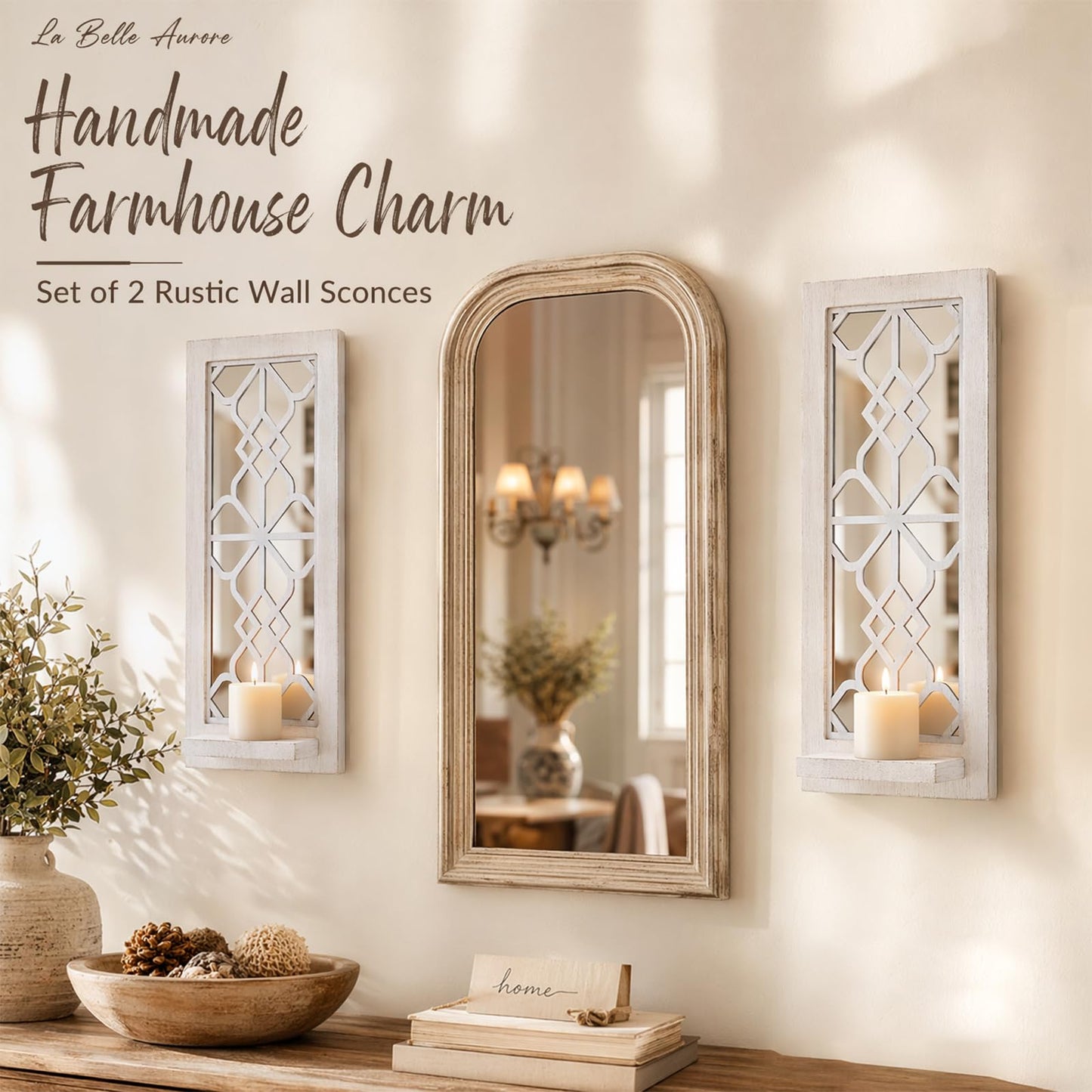 ZEXUIRU 2 Set Rustic Candle Sconces Living Room Bedroom Entryway Wood Mirrored, Farmhouse, Carved Frame Wall-Mount Wooden Candle Holders Wall Decor Hanging Handmade Holder - Distressed White