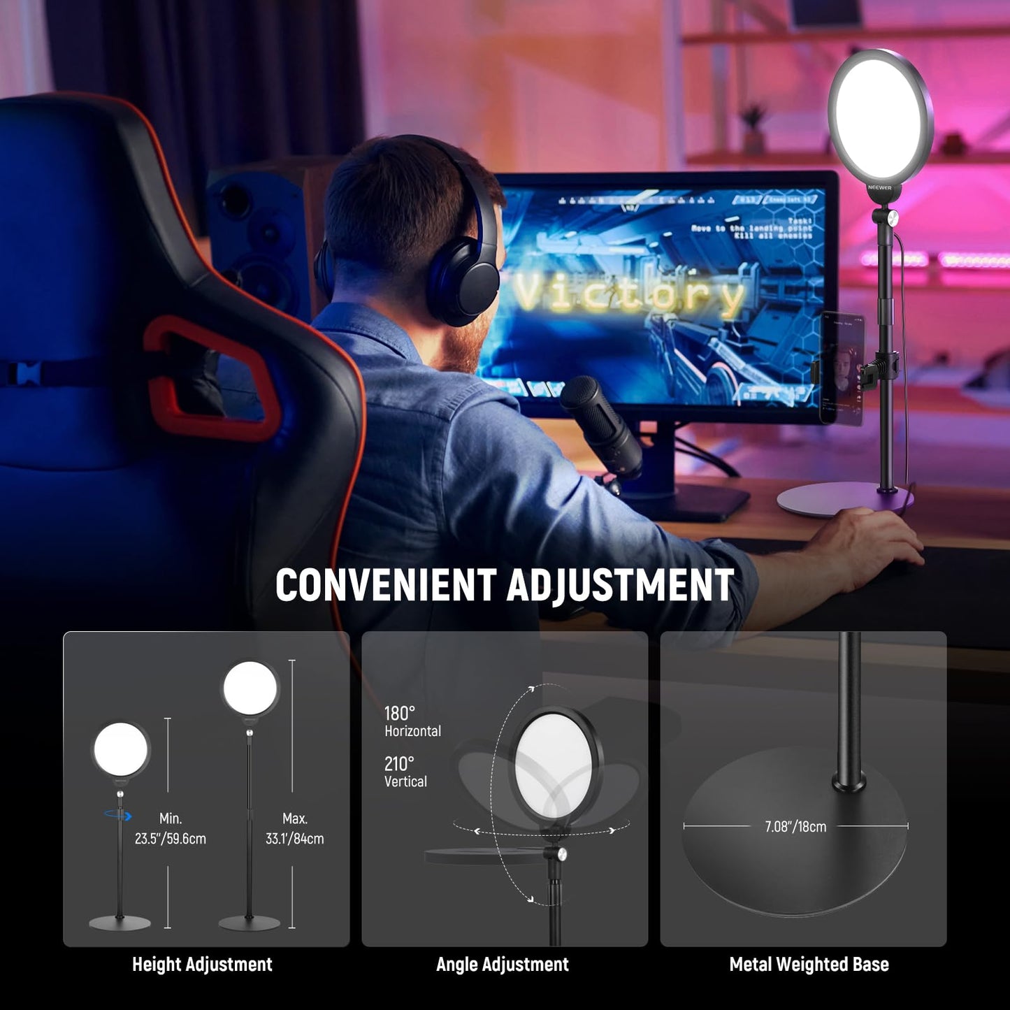 NEEWER Basics 7" Desk Ring Light for Video Recording, 10W Dimmable Full Screen Key Lighting with Stand&Phone Holder for iPhone Computer Laptop Vlog Live Streaming Video Conference, R06