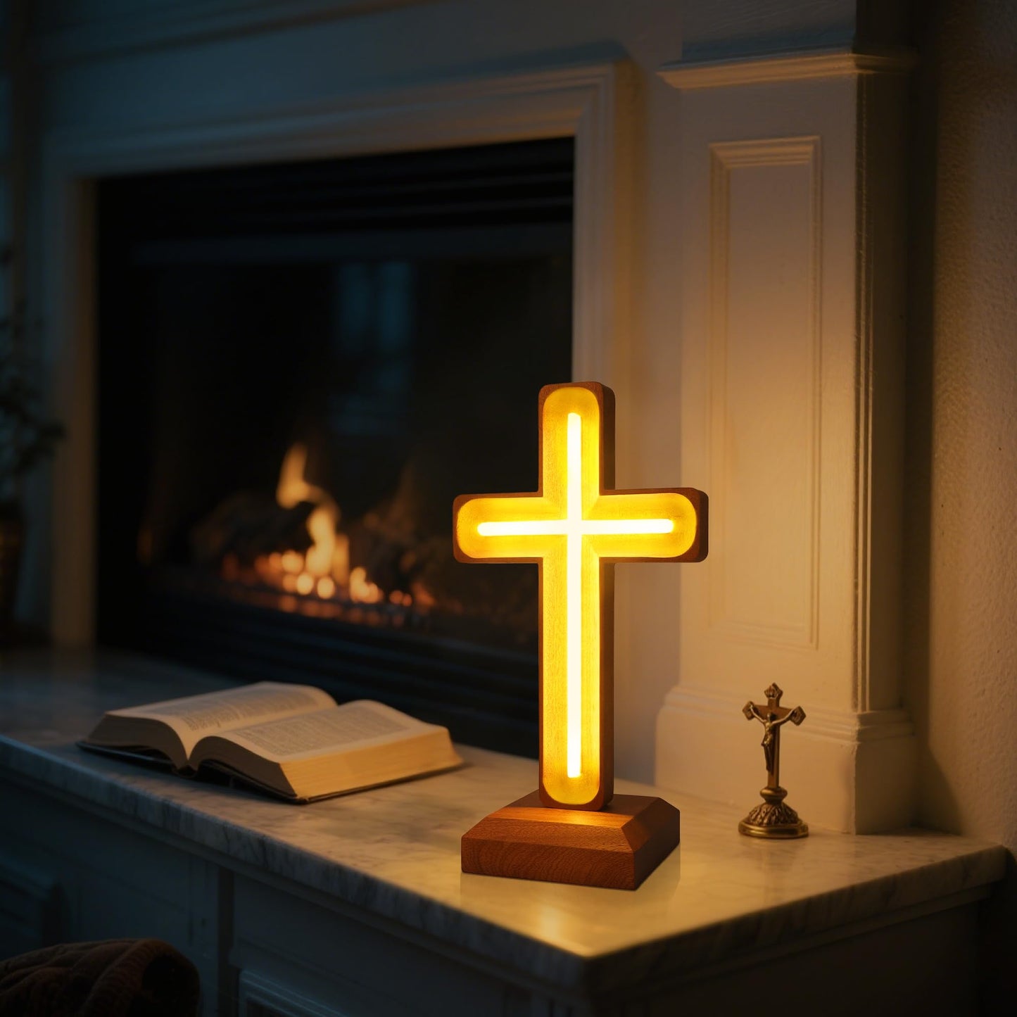 Handcrafted Wooden Cross Lamp for Spiritual Home Decor and Gifting, Cross Neon Sign with USB-Powered Warm Light for Bedside, Prayer Spaces, Christmas, Weddings, Baptism, Memorials