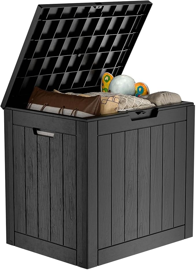 33 Gallon Outdoor Deck Box, Lockable Waterproof Outdoor Storage Boxes For Garden Tools,Indoor Cushions,Accessories Outside Storage Resin Weatherproof Container(Black)
