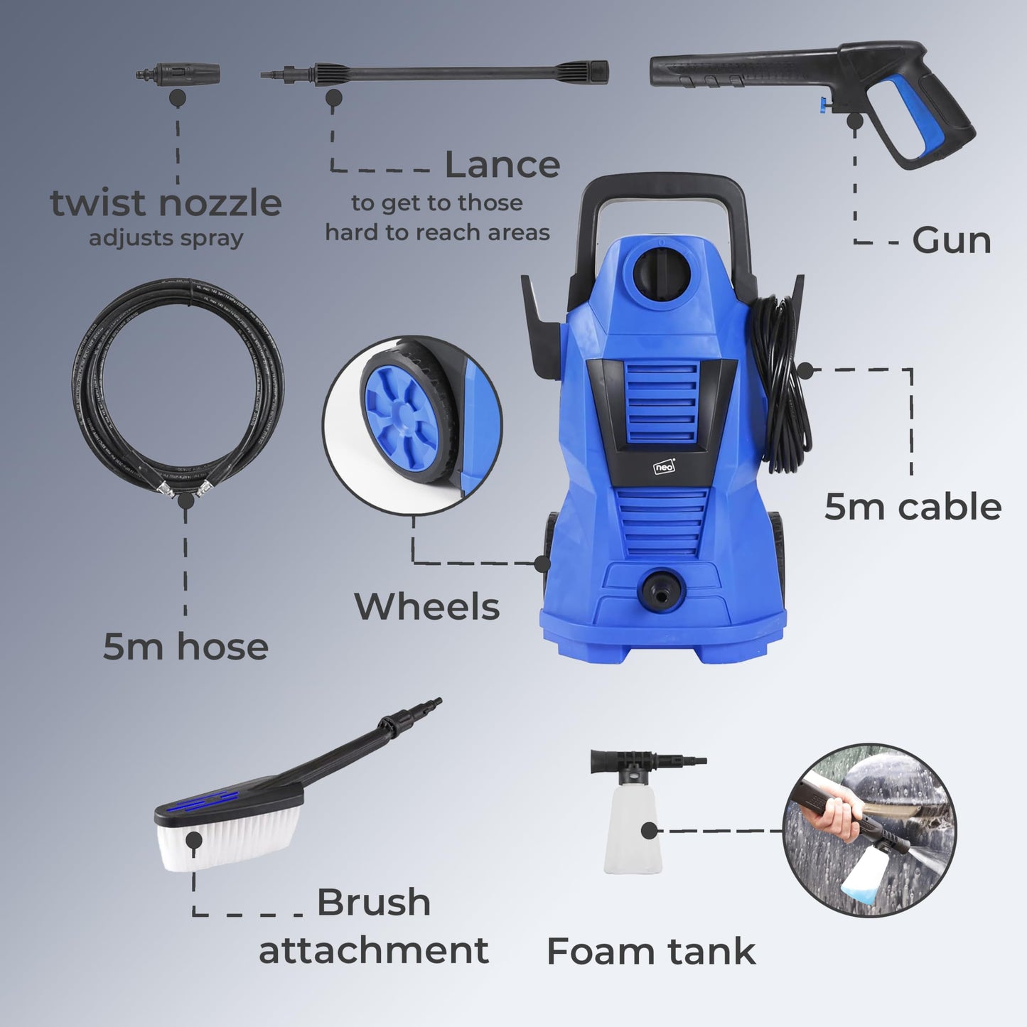 Neo® Electric High Pressure Washer 110 Bar High Power Jet Water Patio Car Cleaner with Foam Tank and Brush Included