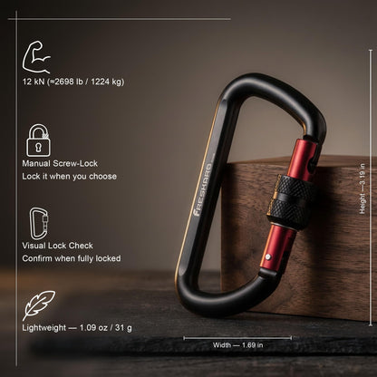 FresKaro Carabiner Clip, Locking and Small, Heavy Duty Carbineers, Key and Keychain Clips, Black Karabiner 3inch, Aluminum, D-Ring, for Belt, Hammock, Weight Bearing, Hiking, Dog Crate, 2Pack