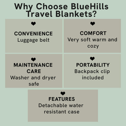BlueHills Ultra Compact Travel Blanket Pillow in Portable Bag Case with Hand Luggage Belt & Backpack Clip Premium Cozy Soft Compact Pack Large Blanket for Airplane Flight Layover - Navy Blue C001