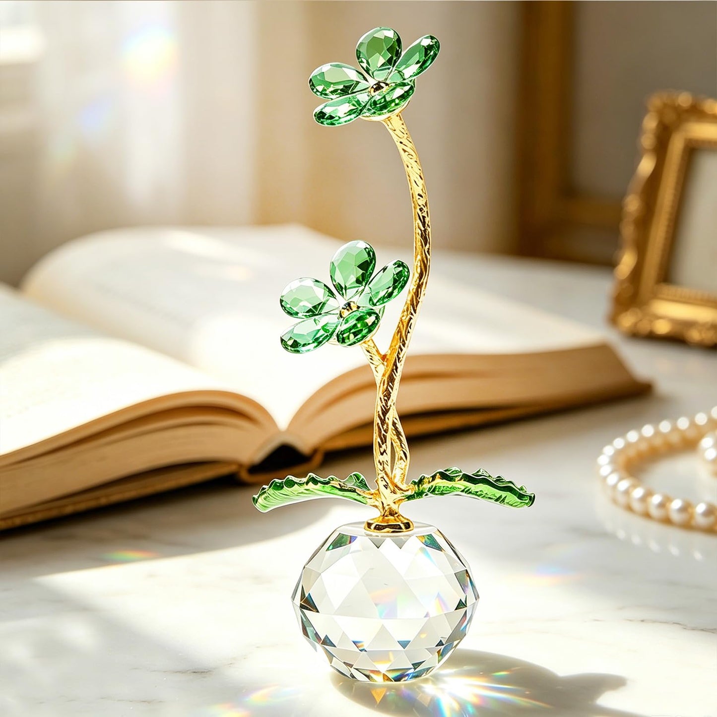 Anxingo Crystal Flower Figurine with Vase, Handmade Eternal Glass Daisy Flower with Gift Box, Romantic Collectible Gift for Women on Birthday Wedding Anniversary Christmas Home Decor(Green)
