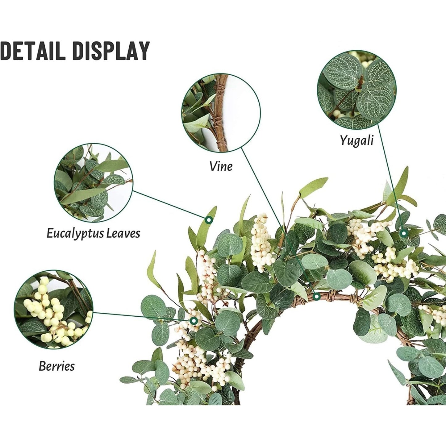 Eucalyptus Wreath, 20" White Berries Artificial Greenery Olives Leaves Spring Wreath,Holiday Large Front Door Wreath for Porch Outdoor Farmhouse Window Wedding Wall Home Decoration