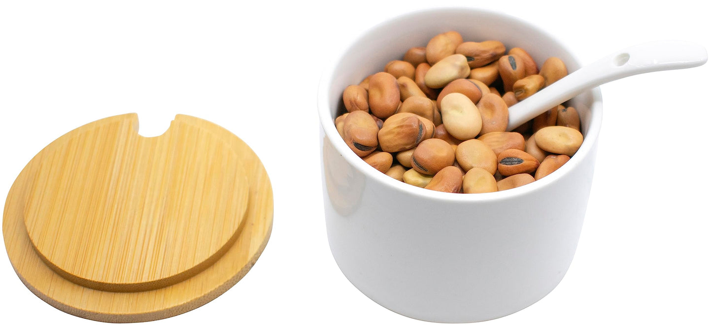 Set of 3 Ceramic Condiment Jars in Varying Sizes With Spoons & Bamboo Lids and Tray (White)