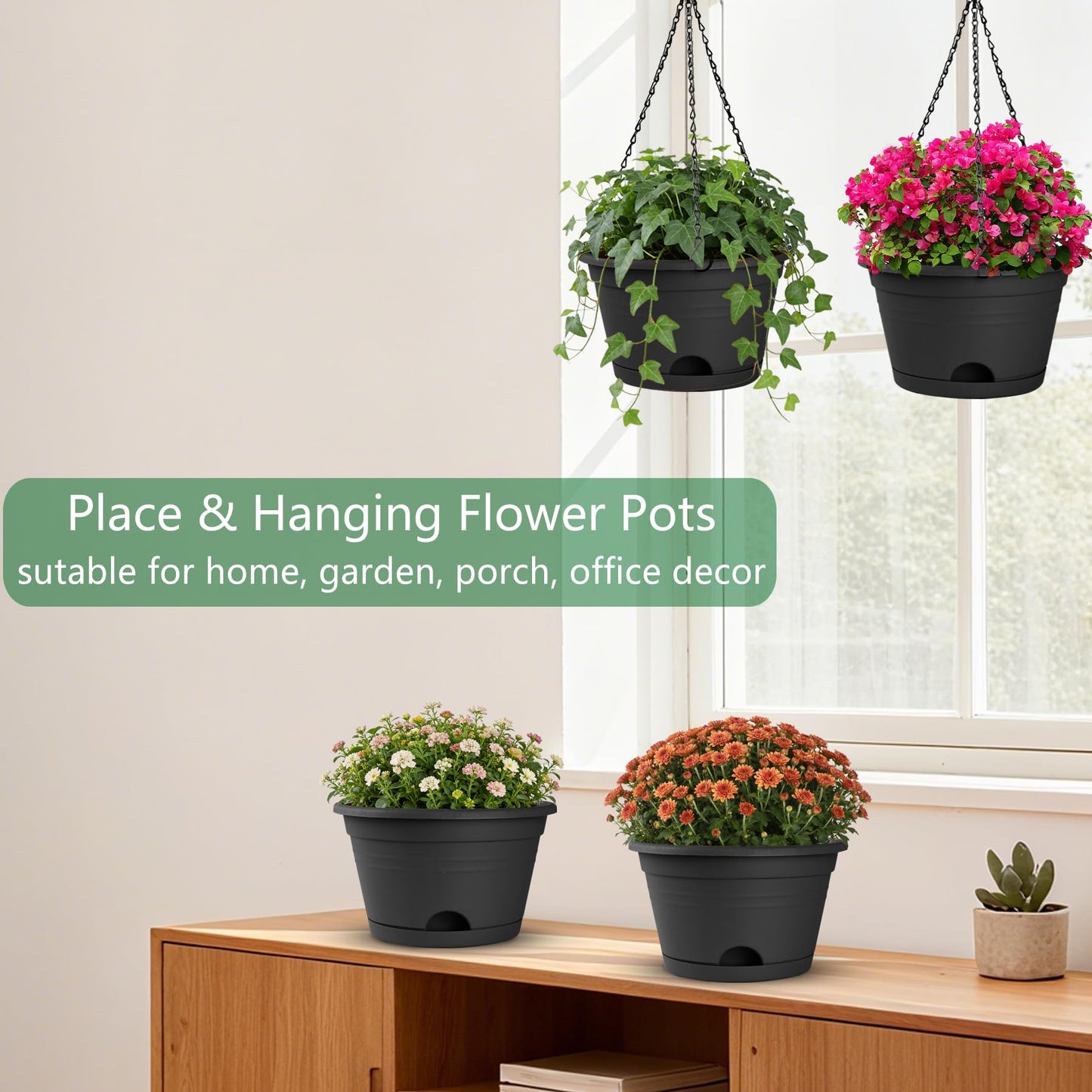 Nooulap 4 Pack Hanging Planters, 10 Inch Hanging Plant Pot with Hanger Chain & Drainage Trays, Hanging Baskets for Plants Outdoor Indoor, Flowers Pots for Home, Garden, Porch Decor (Black)