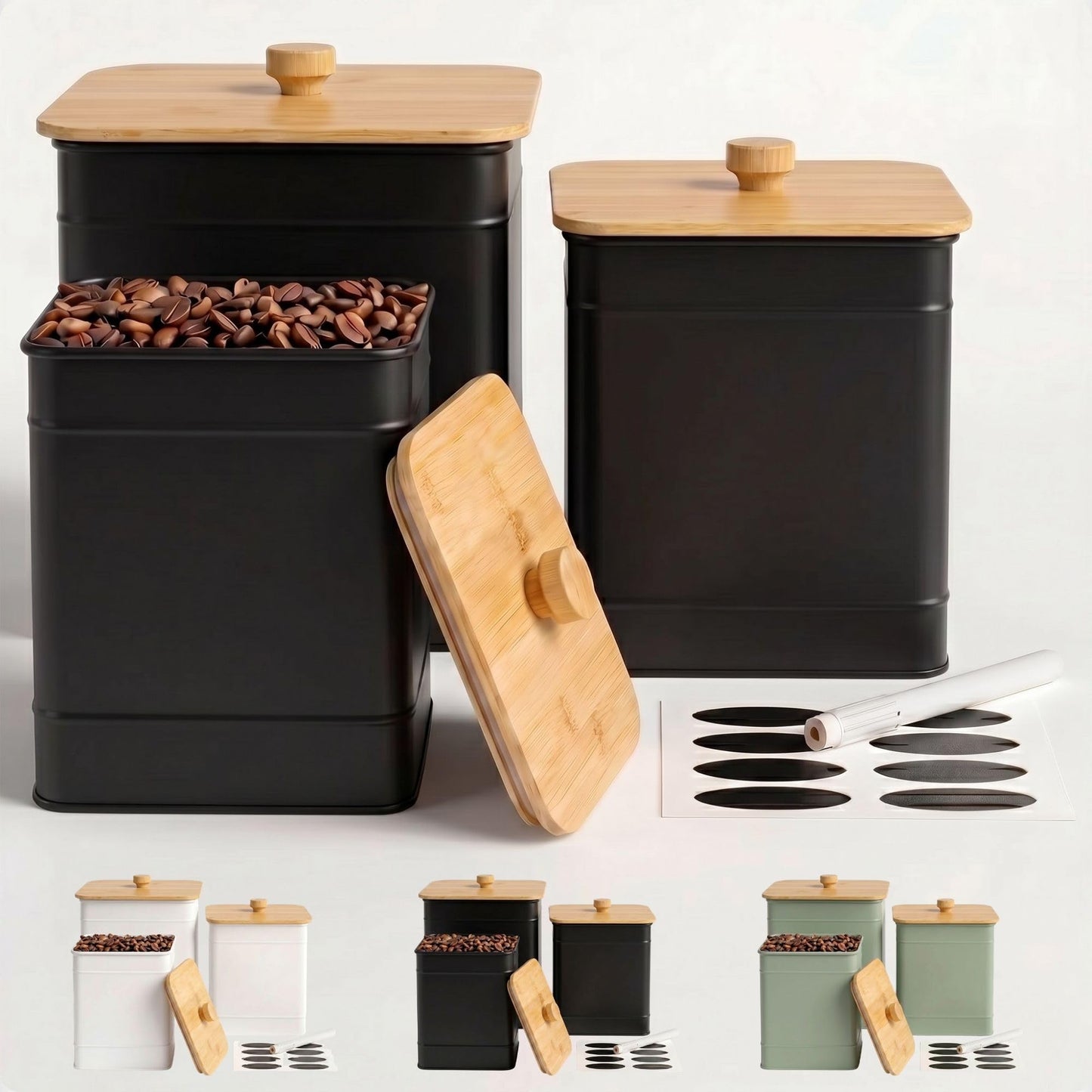 Kitchen Canisters for Countertop Set of 3 with Customizable Chalkboard Labels & Marker Pen - Big Iron Kitchen Canisters with Airtight Lids - Black Canister Set - Flour and Sugar Containers Farmhouse