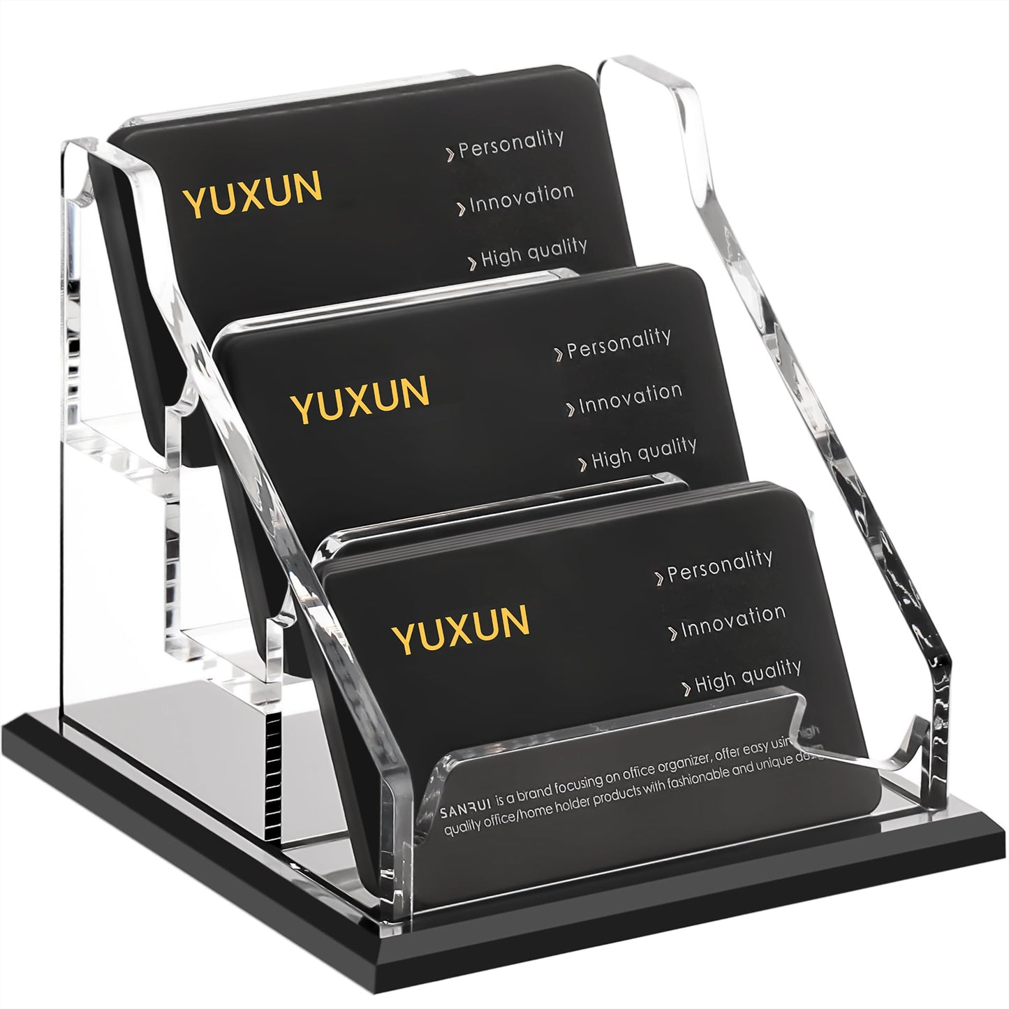 YUXUN Black Business Card Holder for Desk-3 Tier 3 Slot, Acrylic Business Card Holder for Women Men, 100+ Business Cards Display Stand, Multiple Business Card Display for Exhibition, Home, Office