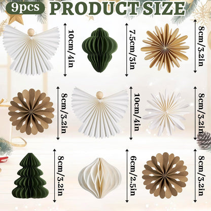 OBBOLO 9 Pcs Mini Paper Christmas Hanging Ornaments, Handcrafted with Carstock, White, Sage Green and Brown Decorative Paper Christmas Tree Ornament, for Xmas Holiday Party Home Tree Decor