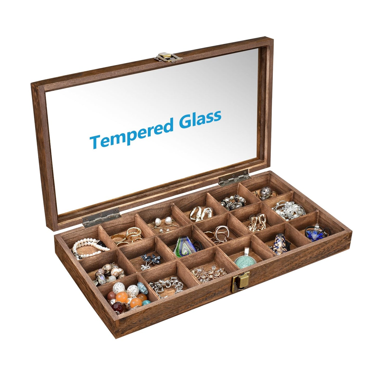 MOOCA Wooden Jewelry Display and Beads Display Storage Case with Tempered Glass Lid , 18 Compartments, 15" W x 8 3/8" L x 2 1/8" H, Brown Color