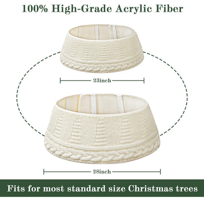 Knitted Christmas Tree Collar: Cream Chunky Cable Knit Christmas Tree Collar for Artificial Trees, Size Adjustable Rustic Farmhouse Tree Ring Skirt for Merry Christmas Holiday Home Decor Party Gifts
