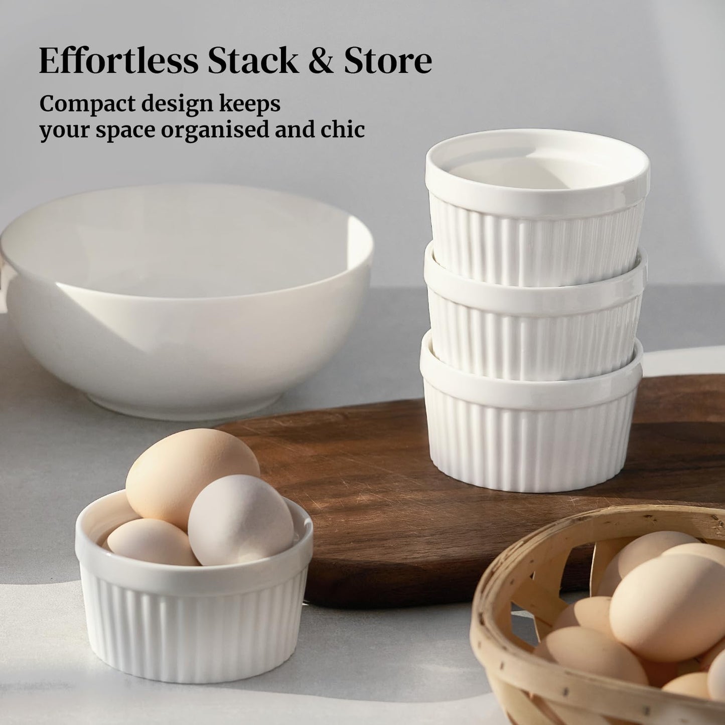 DOWAN Ramekins 6 oz Ceramic Ramekins Set of 6, Oven Safe Souffle Dishes for Air Fryer Baking, Mini Round Baking Cups for Creme Brulee, Dipping Sauces, Desserts and Prep Bowls, White