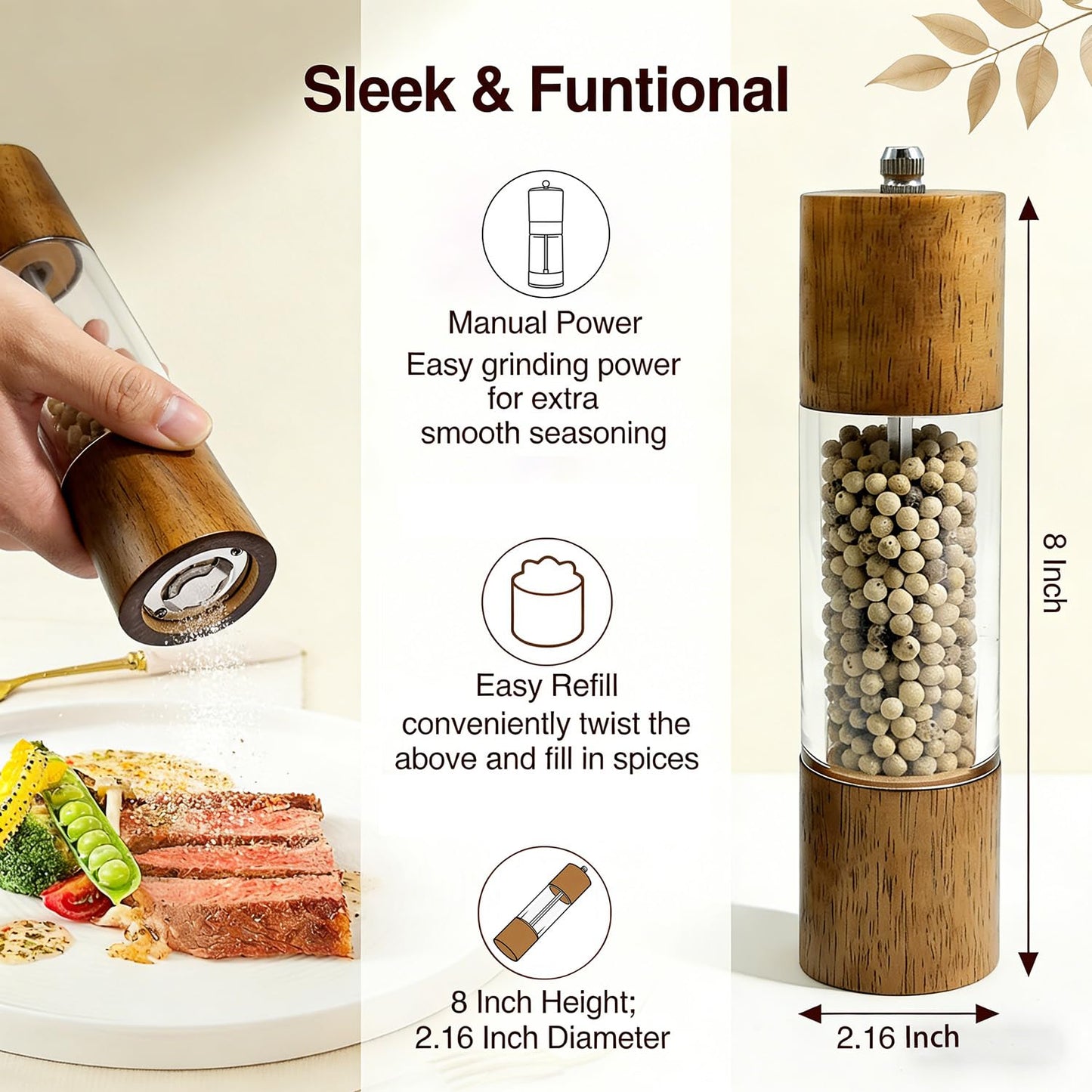 Forusom Acacia Wood & Acrylic Salt and Pepper Grinder Set, 8 Inch Adjustable Ceramic Core Mills, 2Pcs Premium Manual Spice Grinders for Gourmet Kitchens, Pepper Mill Set