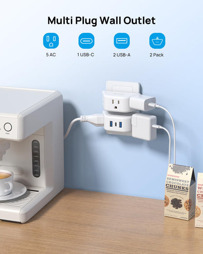 TROND Multi Plug Outlet Extender 2 Pack - Electrical Wall Splitter, 3 Way Angled Wall Outlet Adapter, Cruise Essentials, Small Multiple Plug Expander for Cruise Ship Home Office Dorm Room, White
