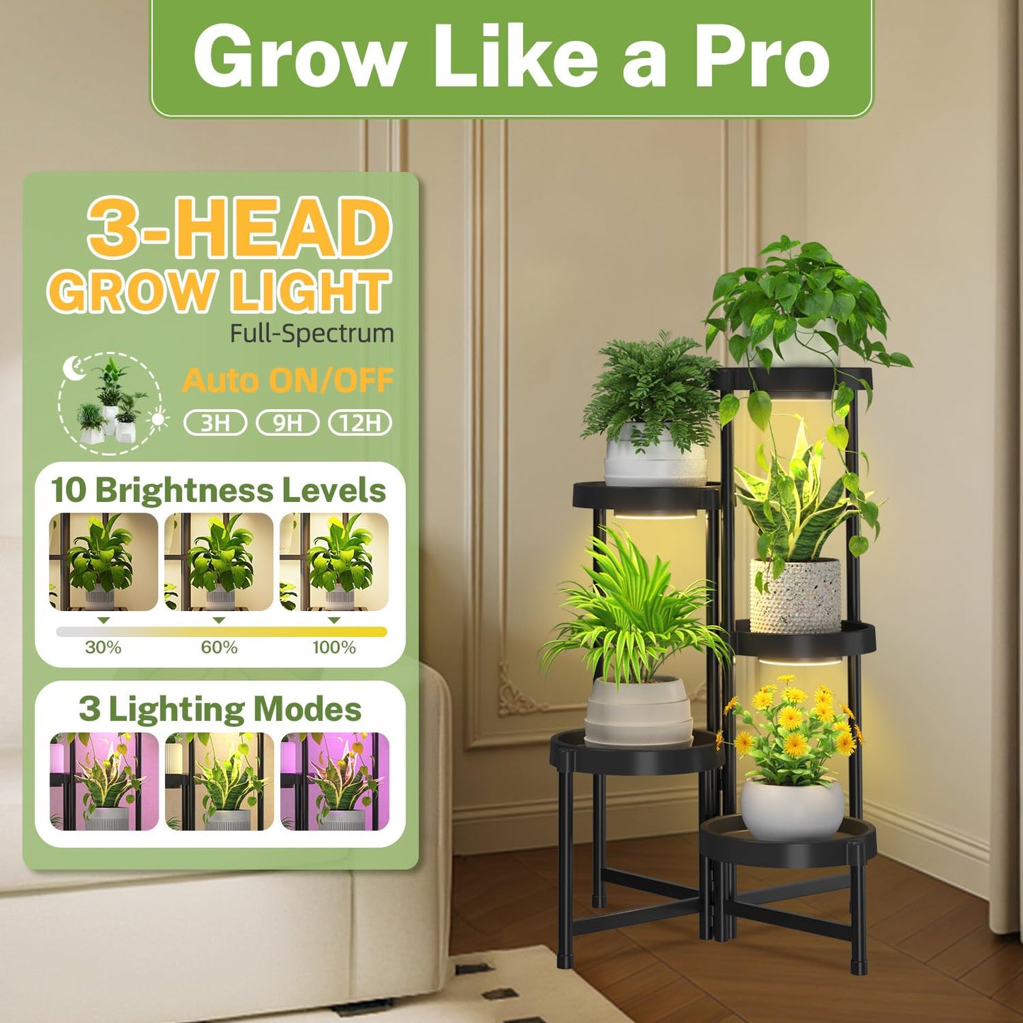iDavosic.ly 5 Tier Folding Plant Stand Indoor Outdoor with Grow Light, Tiered Corner Flower Holder Shelf with Plastic Tray, Metal Orchid Display Rack for Patio Porch Living Room Garden Balcony, Black