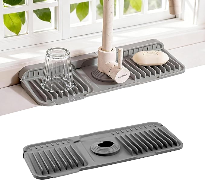 Faucet Mat for Kitchen Sink, Snap-On Design & 7°slope Fast Drain, Folding Sink