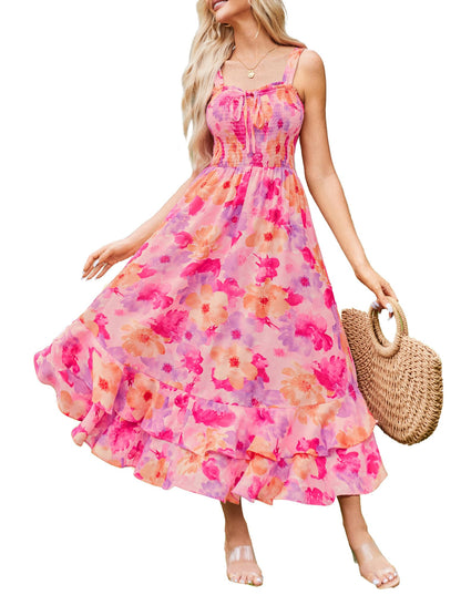 GRACE KARIN Women's 2025 Summer Floral Boho Dress Square Neck Strapped Swing A Line Sundress Beach Long Maxi Outfits