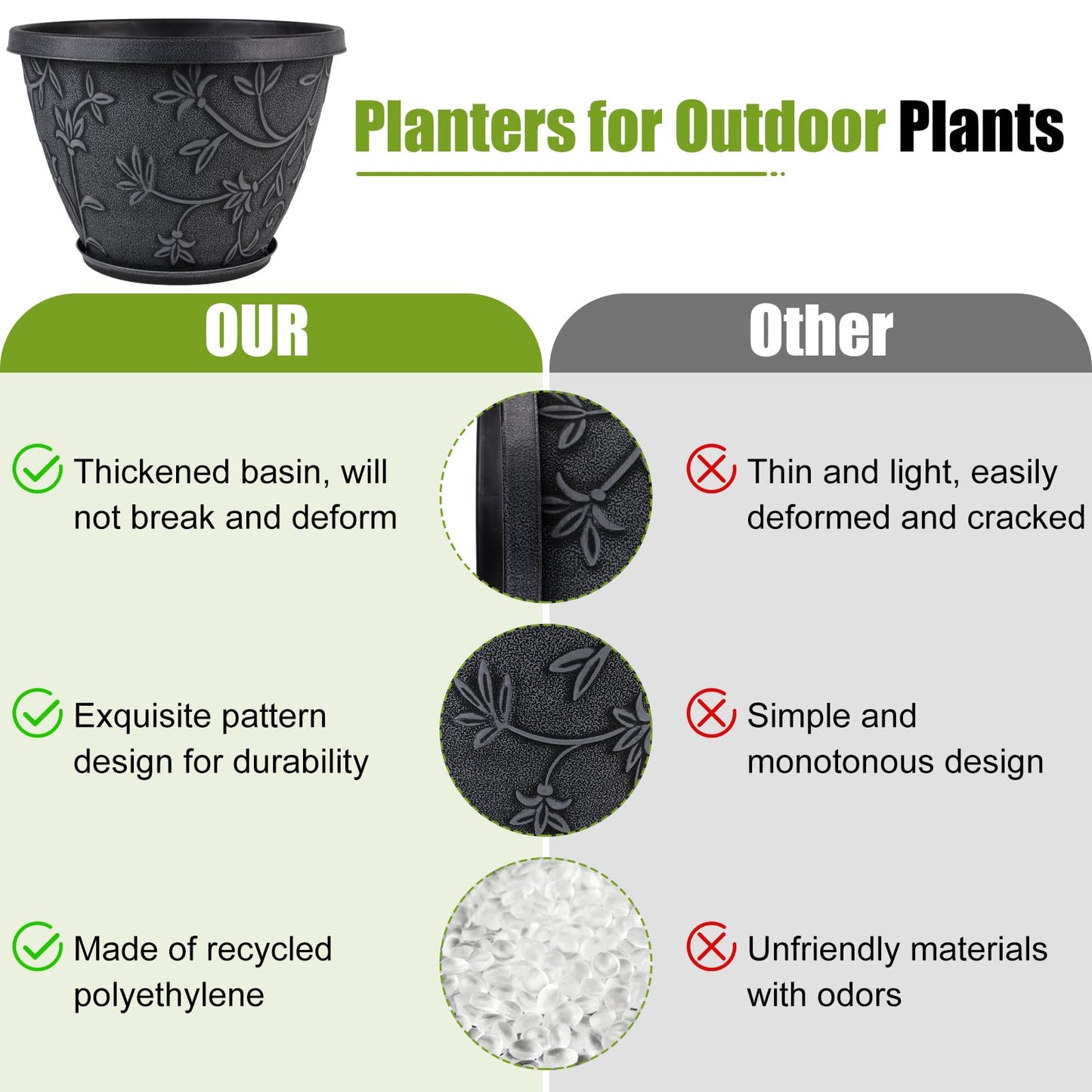 Nooulap 4 Pack 16 Inch Large Plant Pot for Outdoor, Plastic Flower Pot Indoor with Drainage Hole & Saucer, Modern Decorative Garden Pot, Imitation Magnolia Garden Pots for House Planters（Gray）