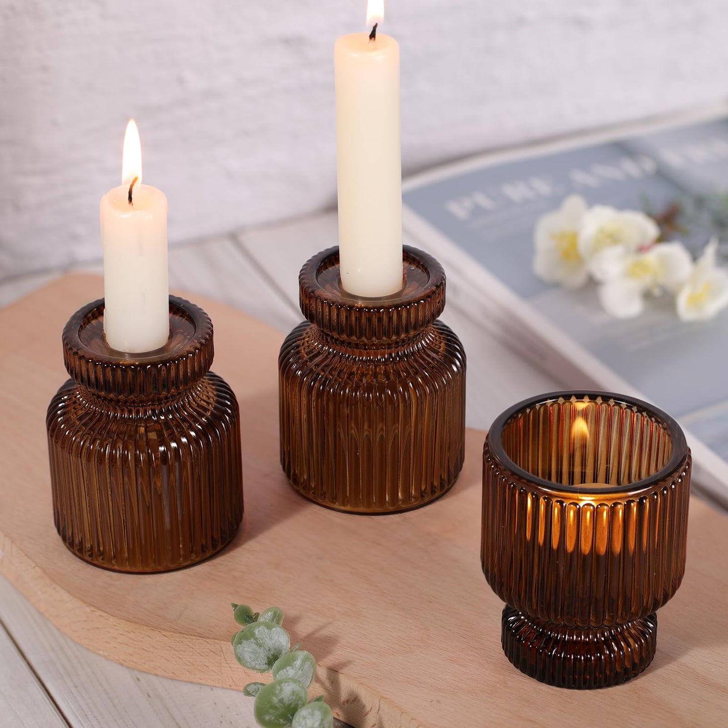 DARJEN 6 Pcs Amber Candlestick Holders - Glass Taper Candle Holders Tealight Votive Candle Holders for Table Centerpieces, Wedding, Dinner Party, Home, Gifts