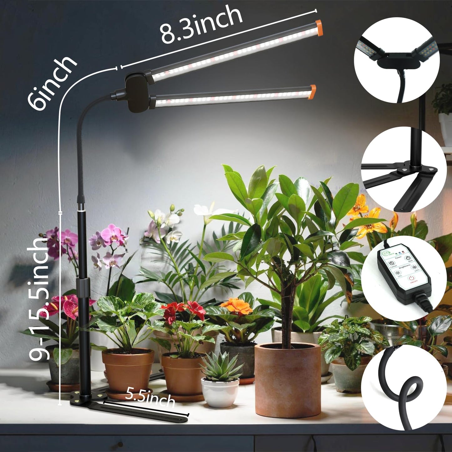 Grow Light for Indoor Plant, 6000K Full Spectrum Plant Lamp with Red Blue White LED for Pot Succulents Seed Growing, Light Strip Foldable & Height Extendable 9-25'', Auto Timer 4 8 12Hrs