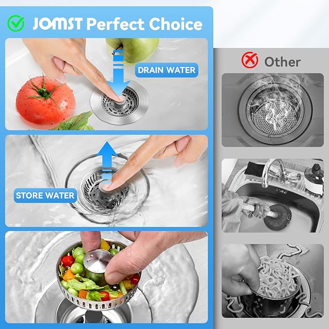 3-in-1 Stainless Steel Kitchen Sink Drain Strainer, JOMST Kitchen Gadget – Fast