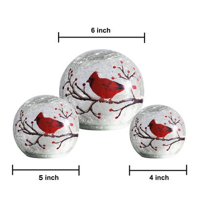 Kaowod Crackle Glass Cardinal Lamp with Timer, Battery Operated Large Red Cardinal Stained Glass Christmas Decor Accent Ball Lamp, Lighted Up Red Bird Globe Table Light, Led Sphere Desk Lamp