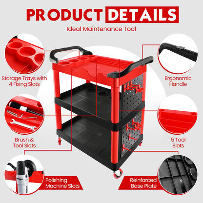 ALL4DETAIL Auto Detailing Cart with Wheels, 3 Tier Car Detailing Cart with Hanging Boards & Hooks, Car Wash Organizer for Garage Workshop DIY Home