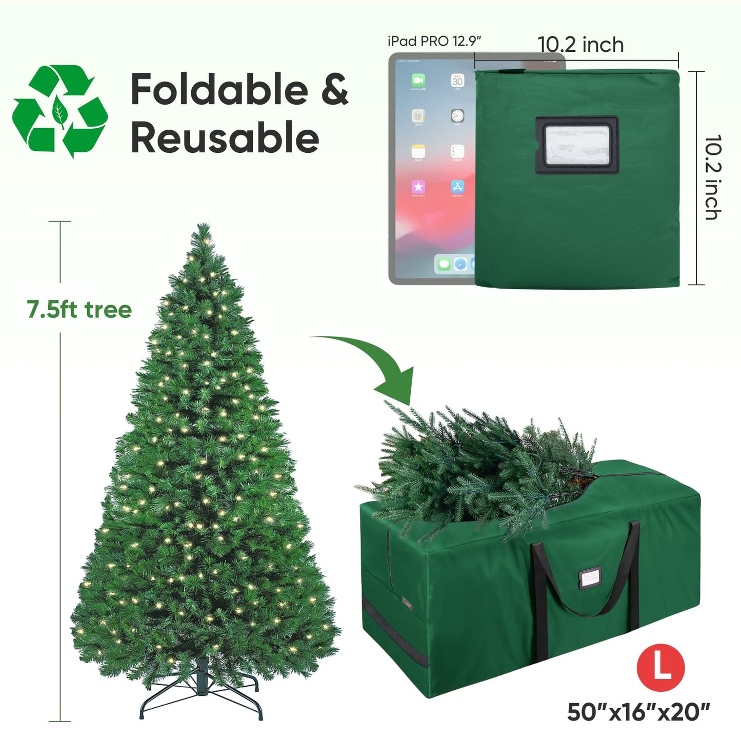 BALEINE 7.5 ft Christmas Tree Storage Bag, Heavy Duty 900D Oxford Fabric with Reinforced Handles and Dual Zippers Wide Opening, Extra Large Storage Container (Green)
