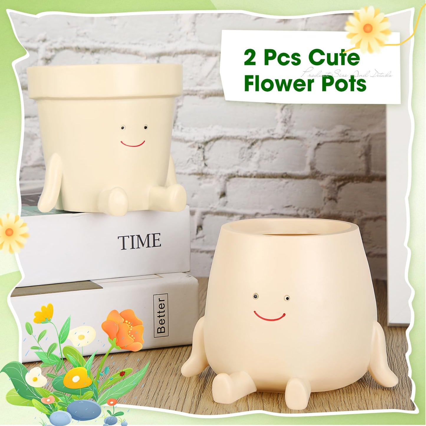 Nuogo 2 Pieces Cute Plant Pots Face Resin Succulent Flower Pot Indoor Head Planters Fun Novelty Planters with Drainage Legs Out for Christmas Plant Lover Gardening Gift Outdoor(Classic, Cup Style)