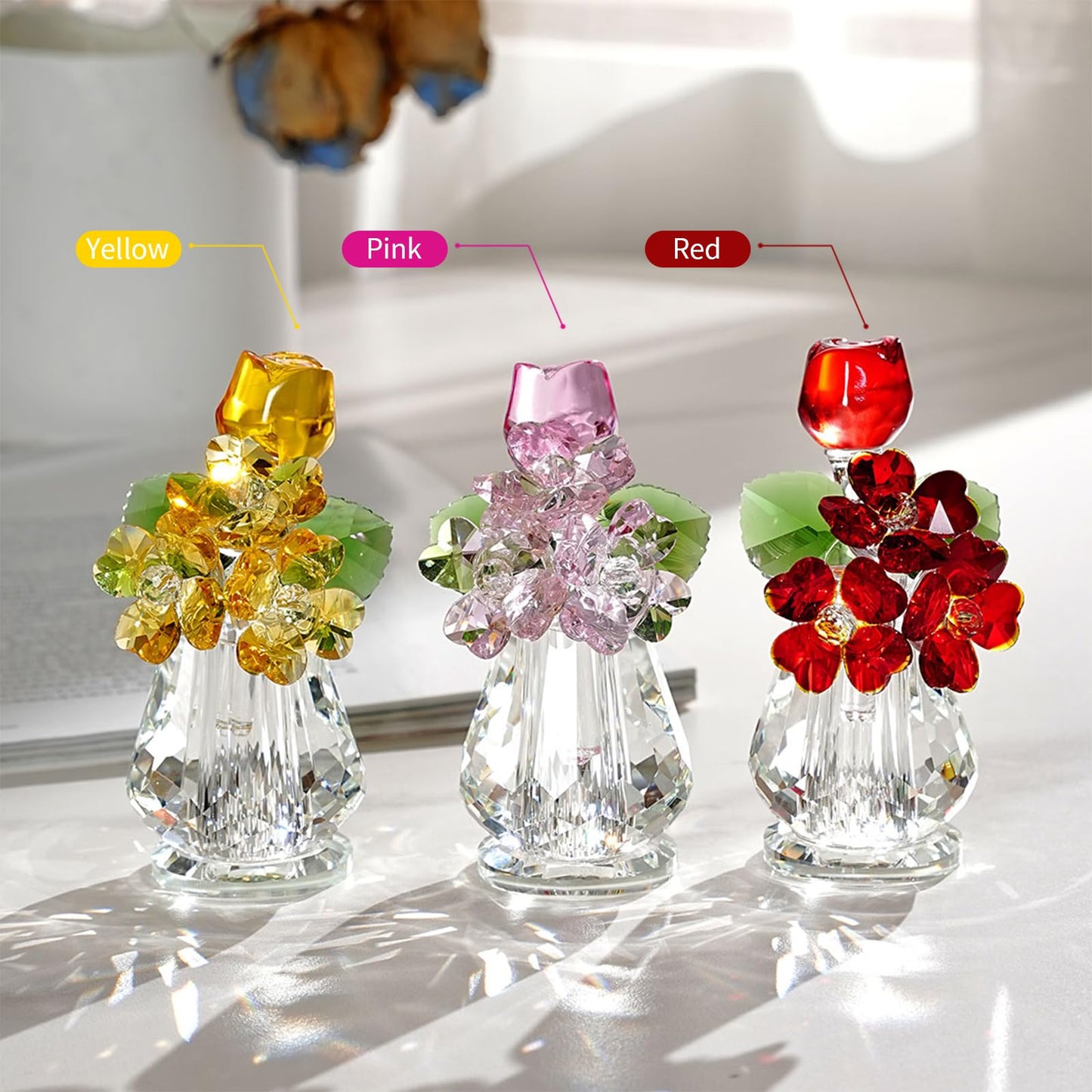 Decorative Crystal Glass Flower Sculpture - Rose & Clover Bouquet, Symbol of Love & Luck, Ornament for Home, Display Cabinet & Window Sill Decor, Gifts for Garden Enthusiasts (Purple)