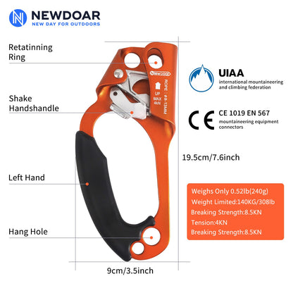 NewDoar Left Hand Ascender Rock Climbing Tree Arborist Rappelling Gear Equipment CE Certified Rope Clamp for 8~13MM Rope(Orange-Left)