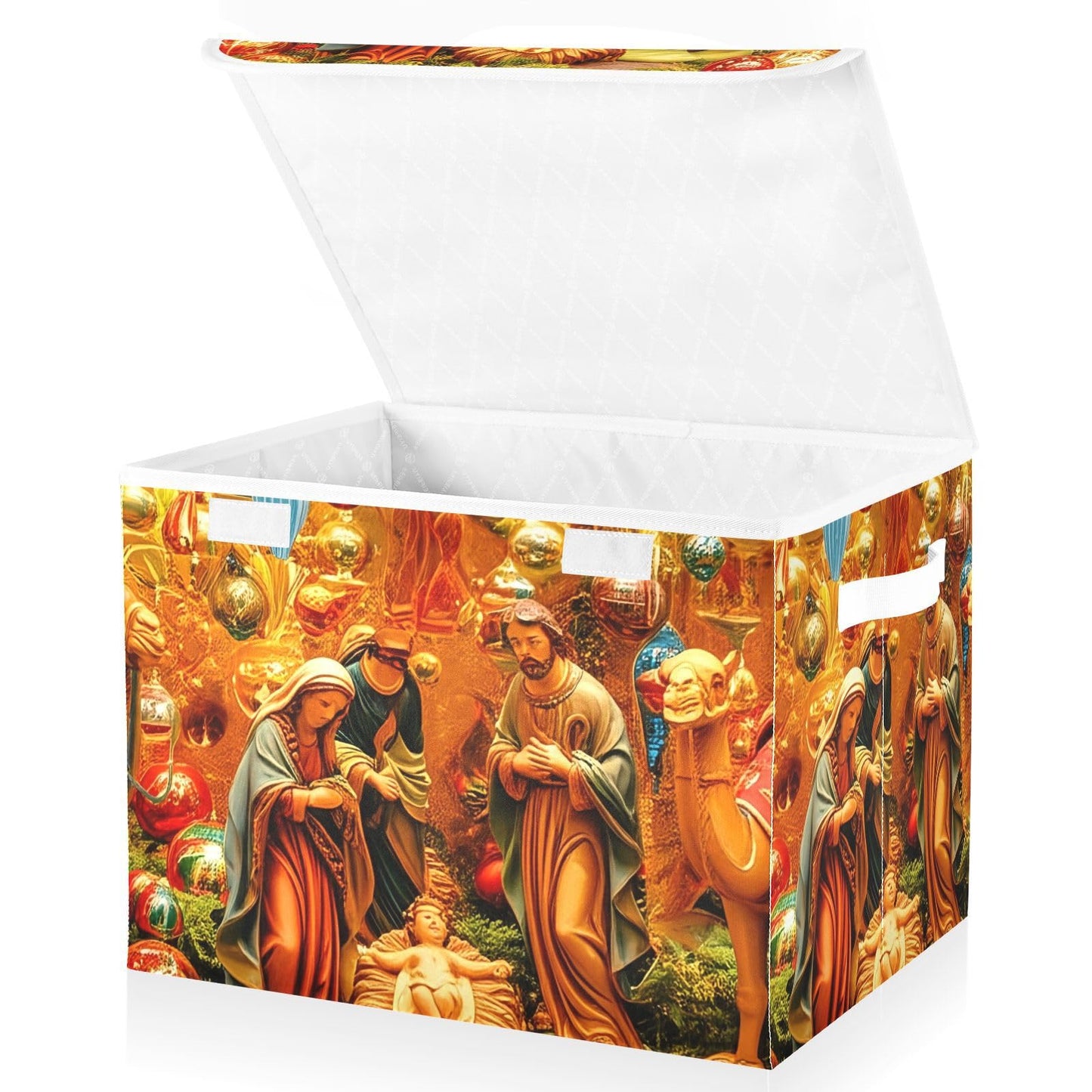 Bokkoy Nativity Scene Art Lidded Storage Bins with Handles - 16.5"x12.6"x11.8" Foldable Organizing Box, Oxford Fabric & Honeycomb Board, Dust-Proof Flip Lid for Closet/Office
