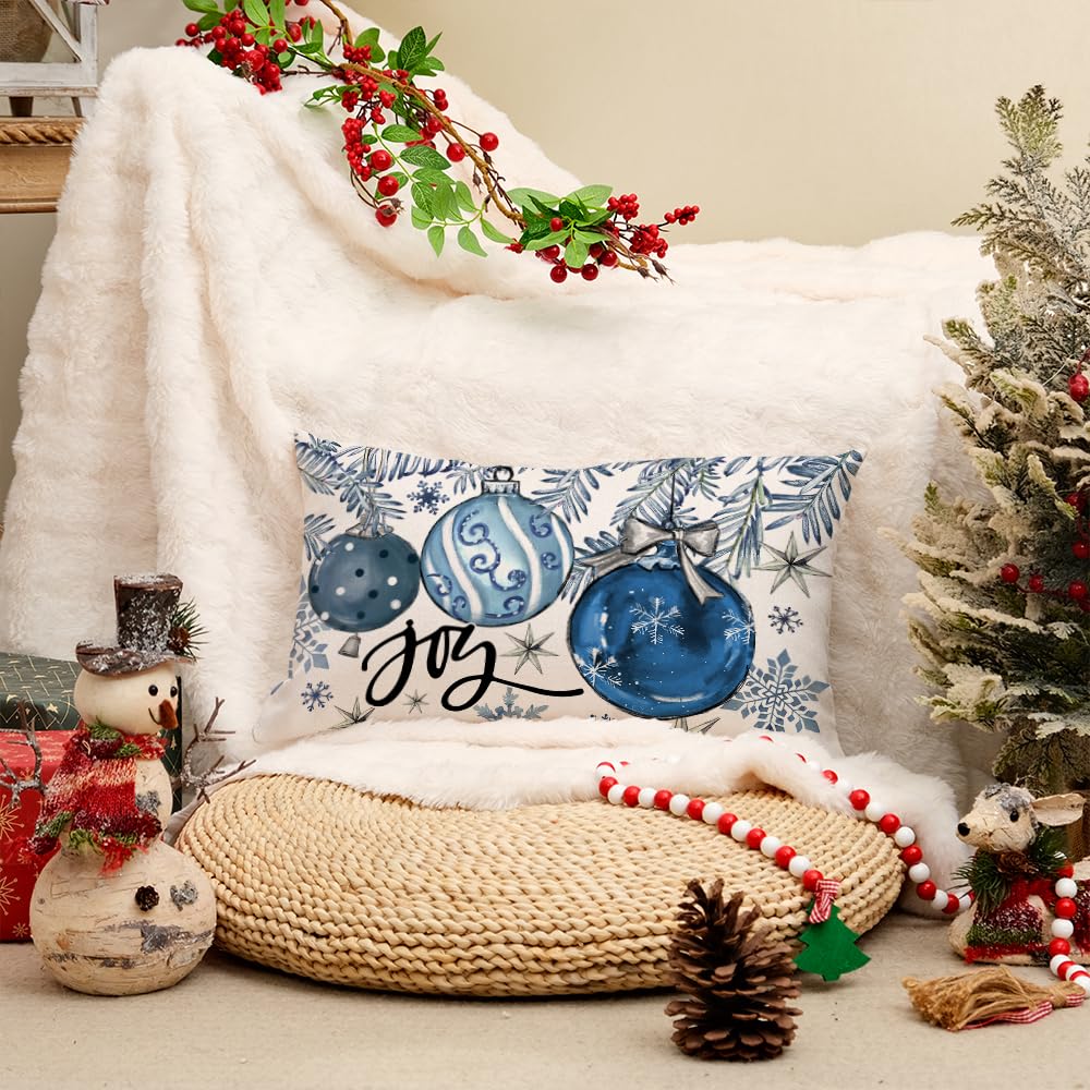 AACORS Christmas Pillow Cover 12X20 Inch Baubles Christmas Tree Stars Joy Decoration Holiday Farmhouse Winter Pillow Case for Sofa Couch Decor（Blue） AA614-12