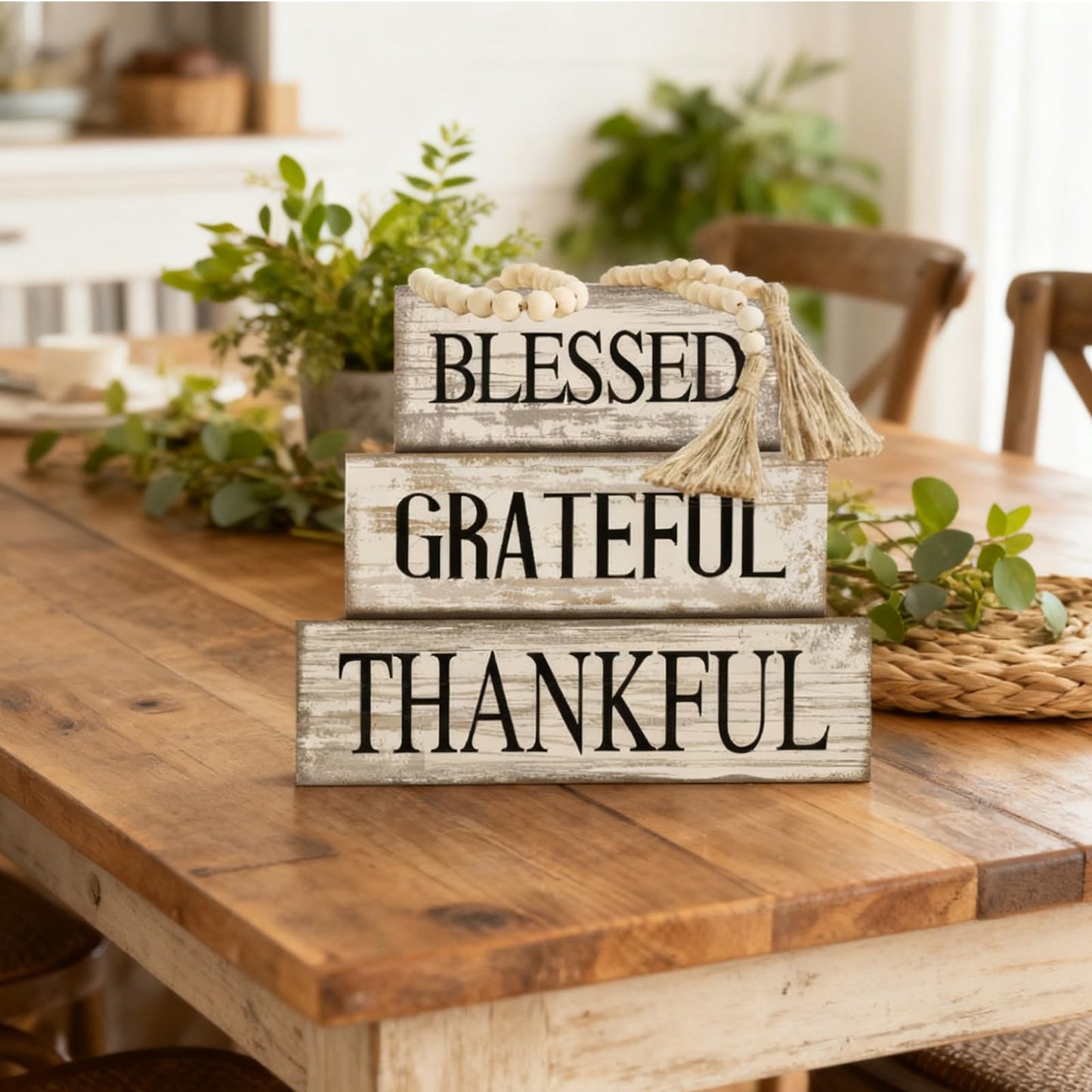 4 Pcs Farmhouse Wooden Tabletop Decor Neutral Farmhouse Tiered Tray Decor Rustic Retro Wood Bead Garland Blessed Grateful Thankful Block Sign Centerpiece for Coffee Home Office Shelf Mantle Table