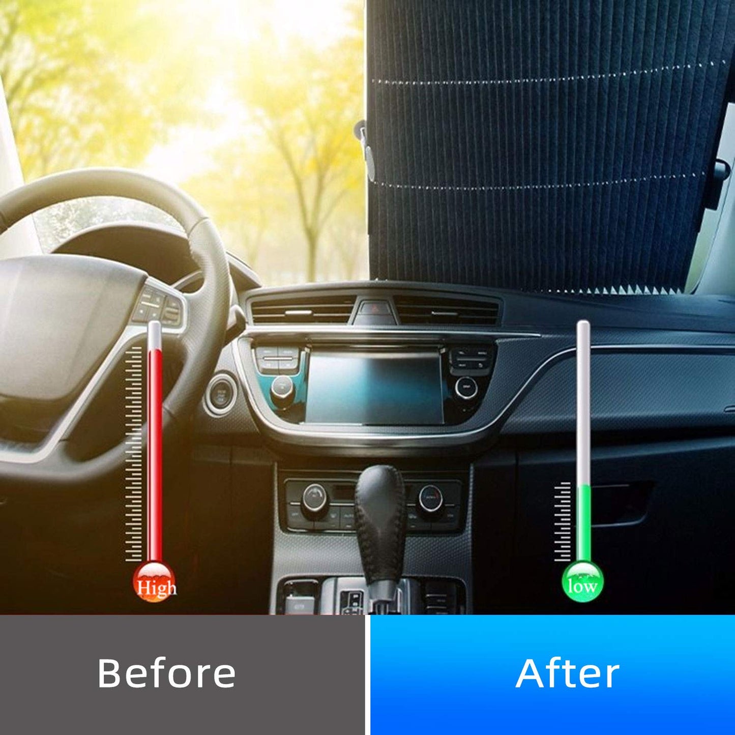 Retractable Windshield Sun Shade for Car, Large Sun Visor Protector Blocks 99% UV Rays to Keep Your Vehicle Cool, Auto Sunshade Fits Front Window of Various Models with Suction Cups 2021 New