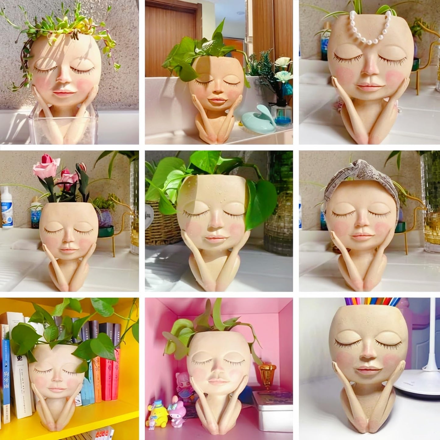 JTZXJJX Face Planters Pots Head,Cute Succulents Plants Planters,Creative Resin Pots with Drainage Hole,Ideal Vase Gifts for Indoor Outdoor Garden Decor