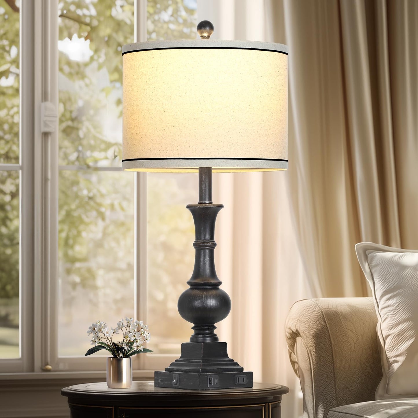 luxeflow Farmhouse Table Lamps Set of 2, Vintage Bedside Lamps with USB A+C Charging Ports & AC Outlet, 26" Rustic Nightstand Lamp for Living Room Bedroom End Table Wash Black(2 LED Bulbs Included)