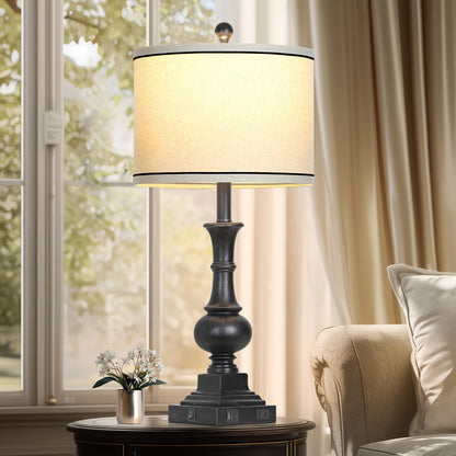 luxeflow Farmhouse Table Lamps Set of 2, Vintage Bedside Lamps with USB A+C Charging Ports & AC Outlet, 26" Rustic Nightstand Lamp for Living Room Bedroom End Table Wash Black(2 LED Bulbs Included)