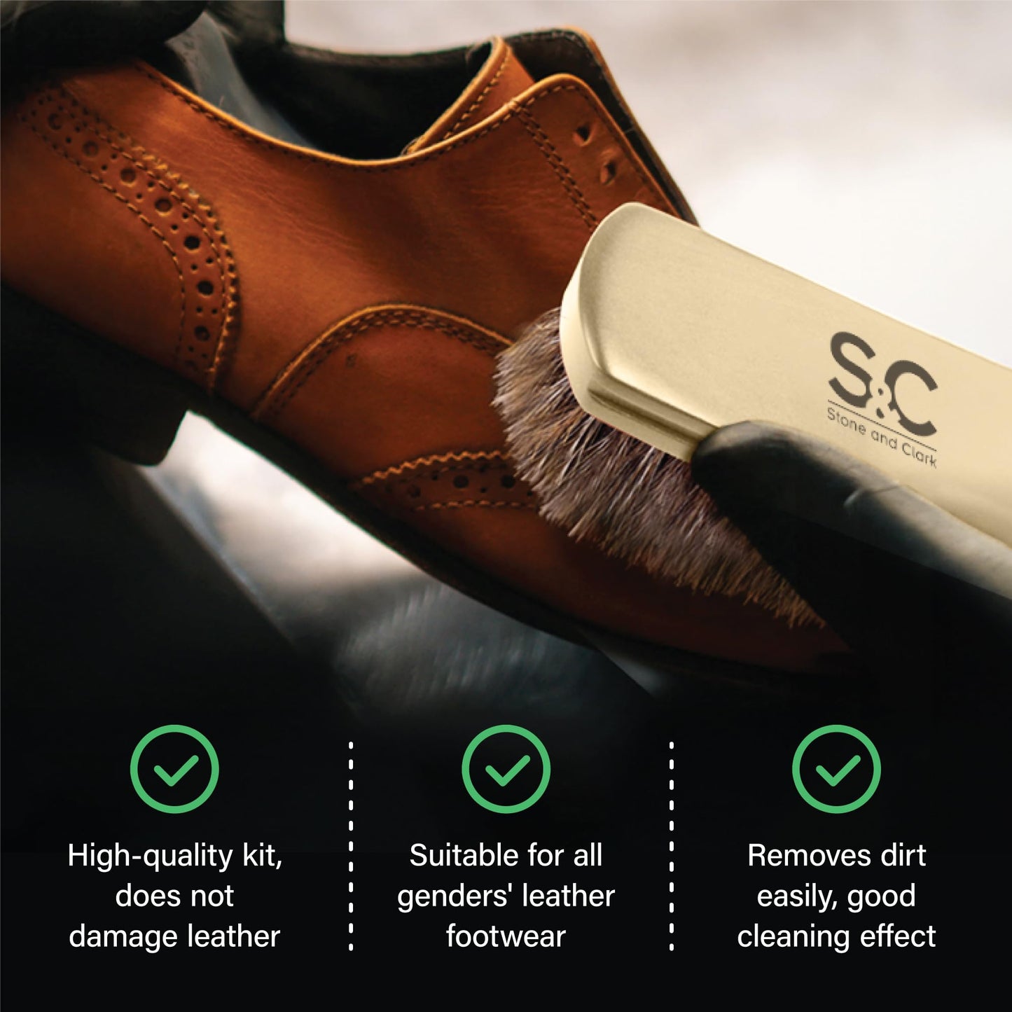 Stone & Clark 12PC Shoe Polish & Care Kit, Leather Shoe Shine Kit with Brown Wax, Shoe Brushes for Polishing, Shine Cloth & Shoe Horn, Compact Shoe Cleaning Kit with Horse Hair Brushes & PU