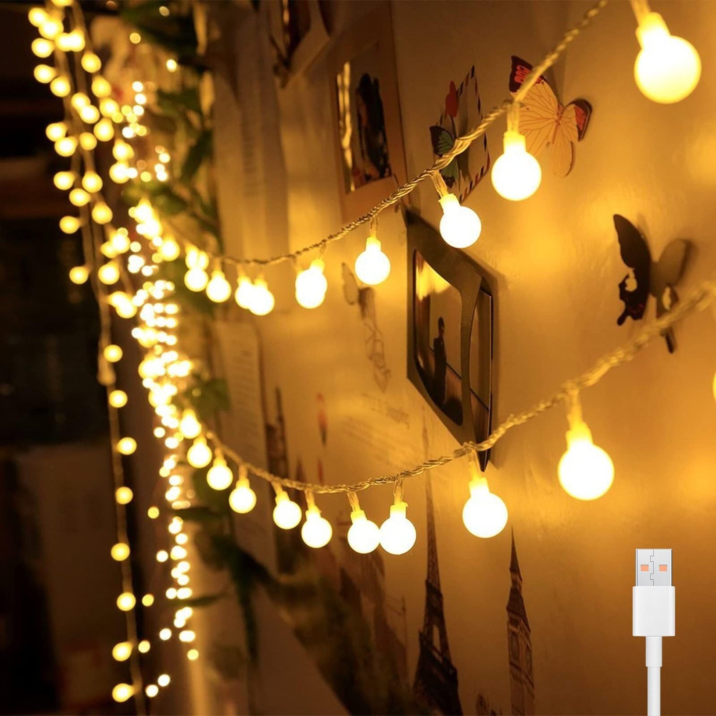 Bigzom USB Indoor Fairy Lights, 7m 40LED Spherical Fairy Lights, 5V Warm White Lights for Bedroom, Balcony, Parties, Christmas Decoration