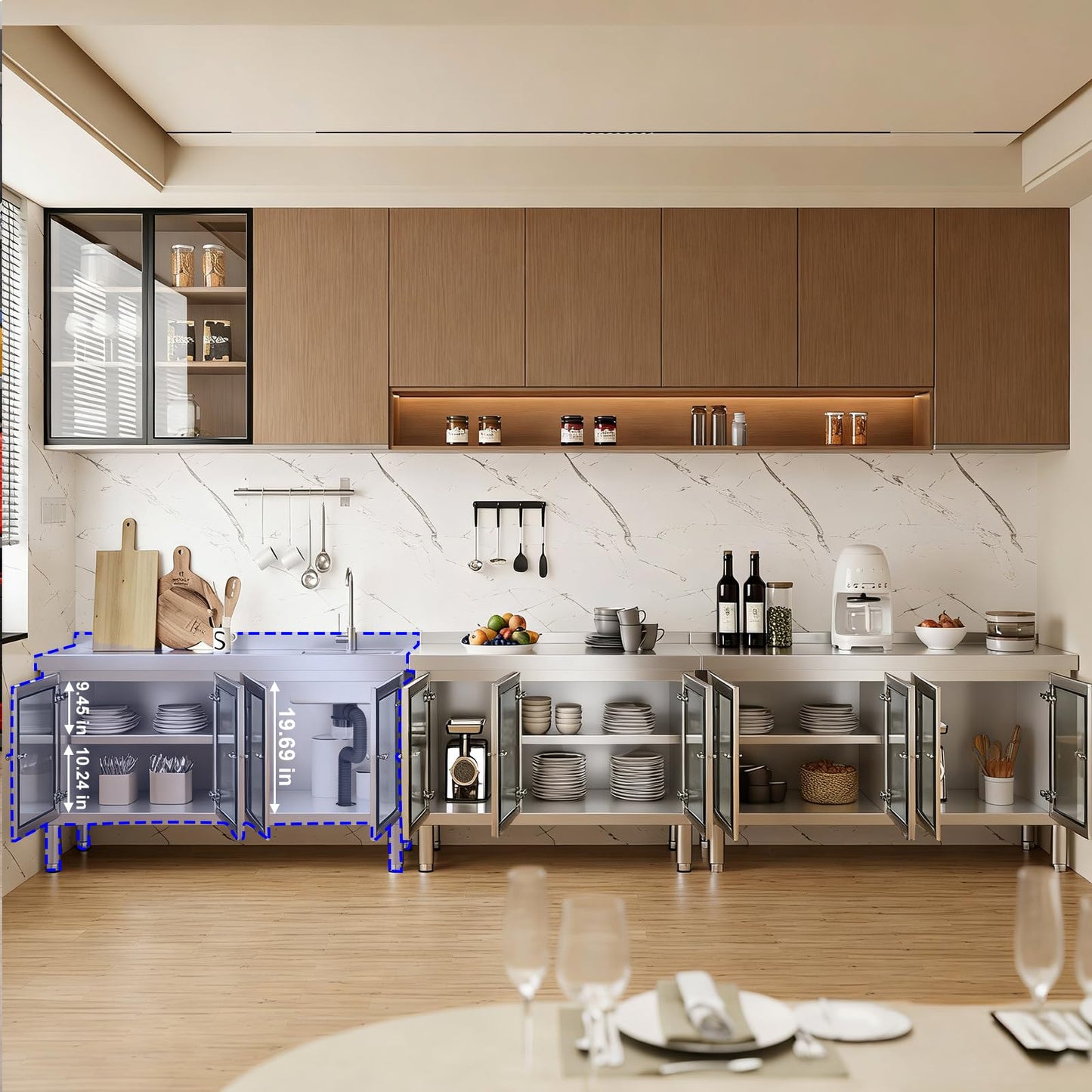 59" Stainless Steel Sink with Cabinet, Utility Sink with 304 Stainless Steel Worktop and 4 Transparent Doors, Commercial Kitchen Sink for Outdoor Restaurant Cafe Garage and Laundry Room