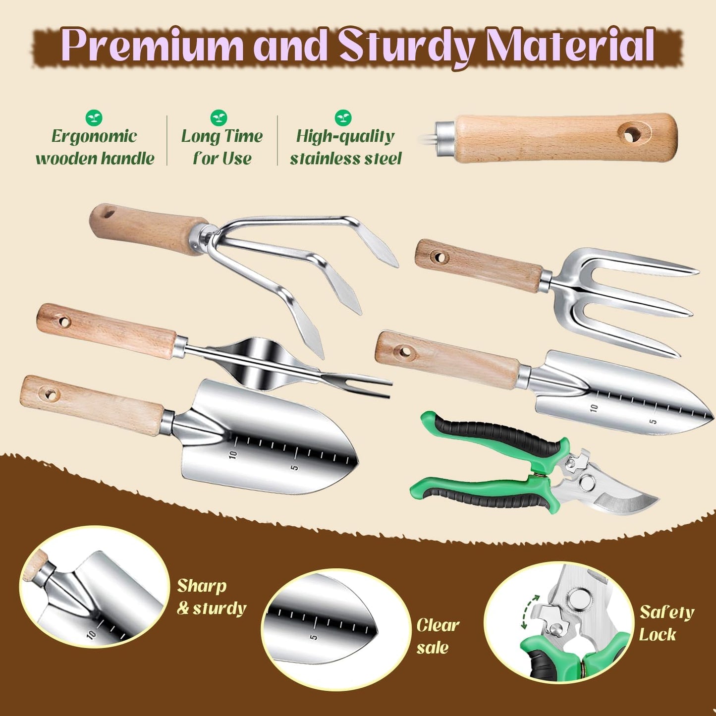 Gardening Tools 9-Piece Heavy-Duty Garden Tools Set, Stainless Steel Garden Hand Tools with Purple Floral Tote Bag and Repotting Mat Garden Supplies Kit Gifts for Women
