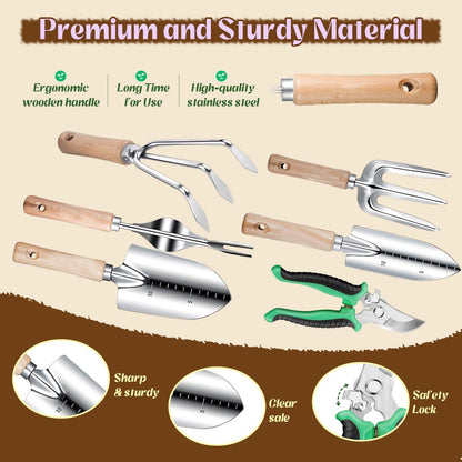 Gardening Tools 9-Piece Heavy-Duty Garden Tools Set, Stainless Steel Garden Hand Tools with Purple Floral Tote Bag and Repotting Mat Garden Supplies Kit Gifts for Women