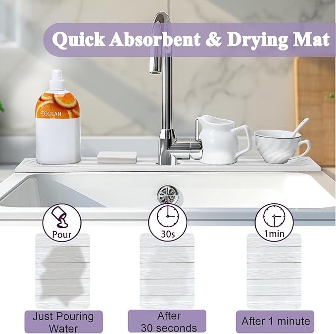 WIFORH Faucet Mat for Kitchen Sink, 24 inch Long Diatomite Fast Drying Stone