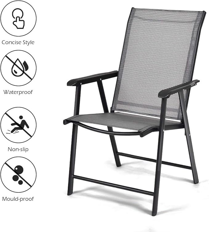 Giantex Set of 4 Folding Patio Chairs, Outdoor Portable Dining Chairs for Garden Camping Poolside Beach Deck Lawn, 4-Pack Sling Armchairs, Metal Frame, Grey
