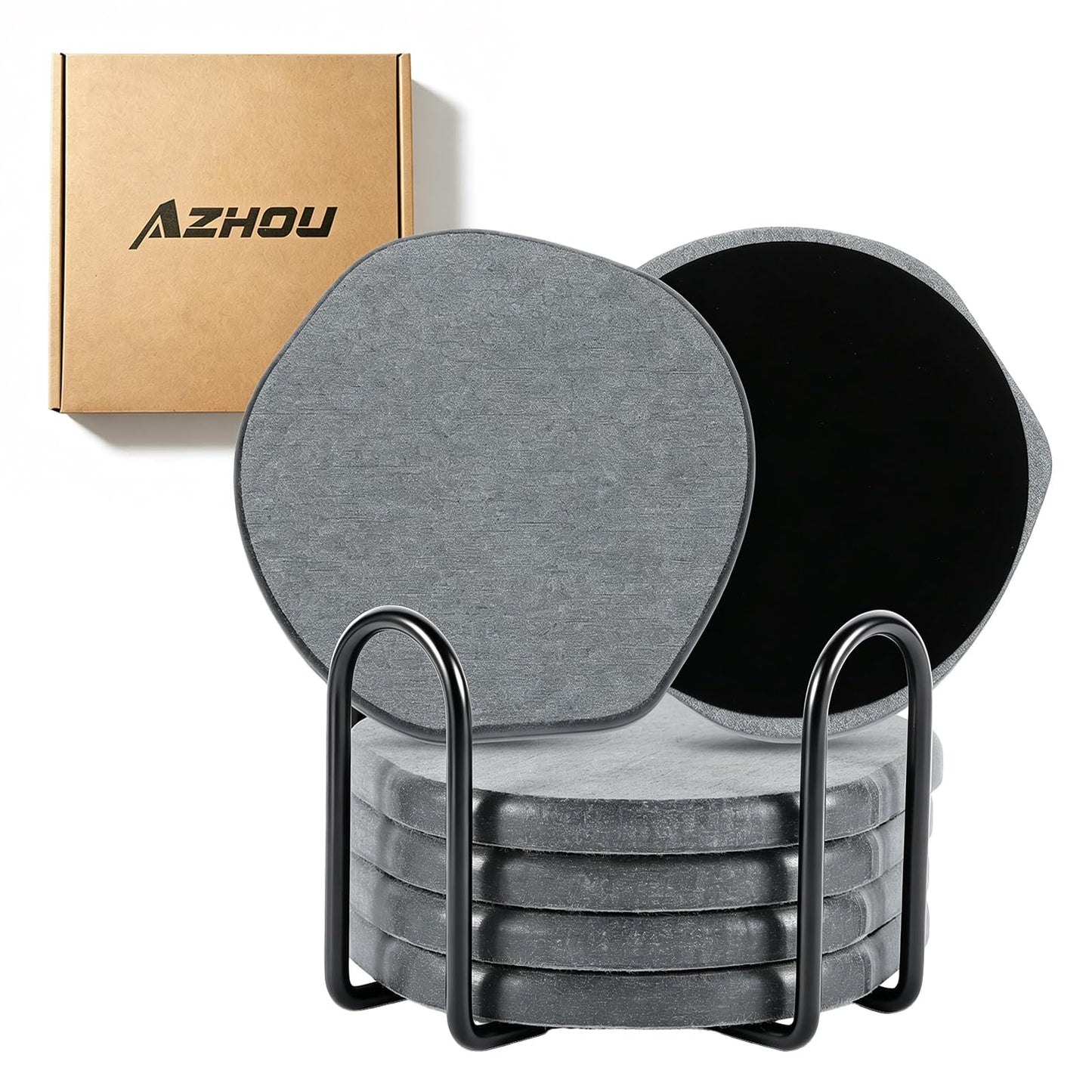 Azhou 6Pcs Absorbent Diatomaceous Earth Coasters Set with Holder - 4 Inch Quick-Dry Stone Coasters with Scratch-Resistant Surface & Velvet Base, Reusable Home Decor for Coffee Bar, Office Desk